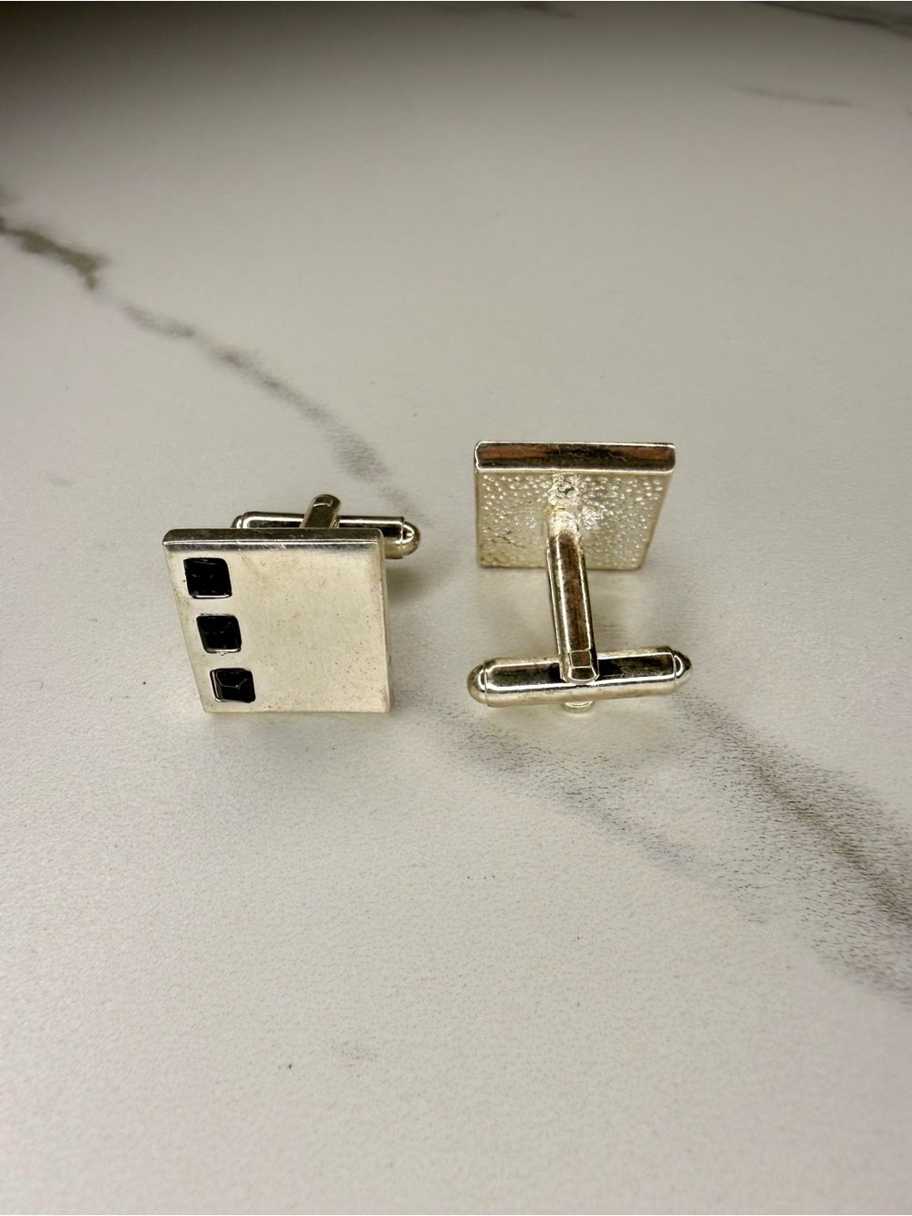 Silver Plated Square Cufflinks with Black Accent Stones